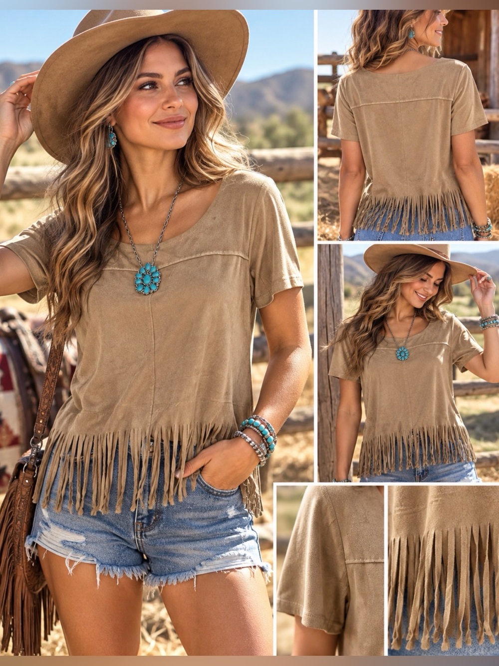 NWT Neslay Design Fringe Suede-Feel Short Sleeve Top - Tan S/M/L